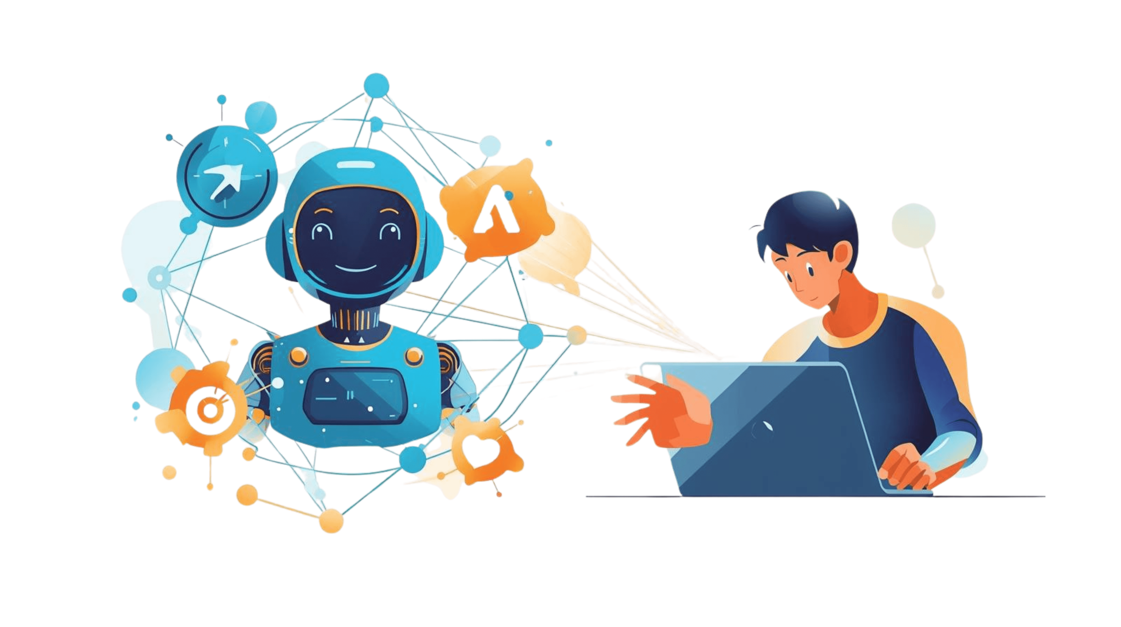 Human collaborating with a friendly AI robot and automation nodes
